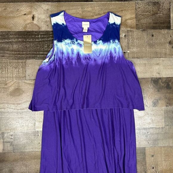 Chicos Women’s Size 2 Bib Maxi Dress Purple Multi Blended Tye Dye Stretch NWT - Picture 1 of 8